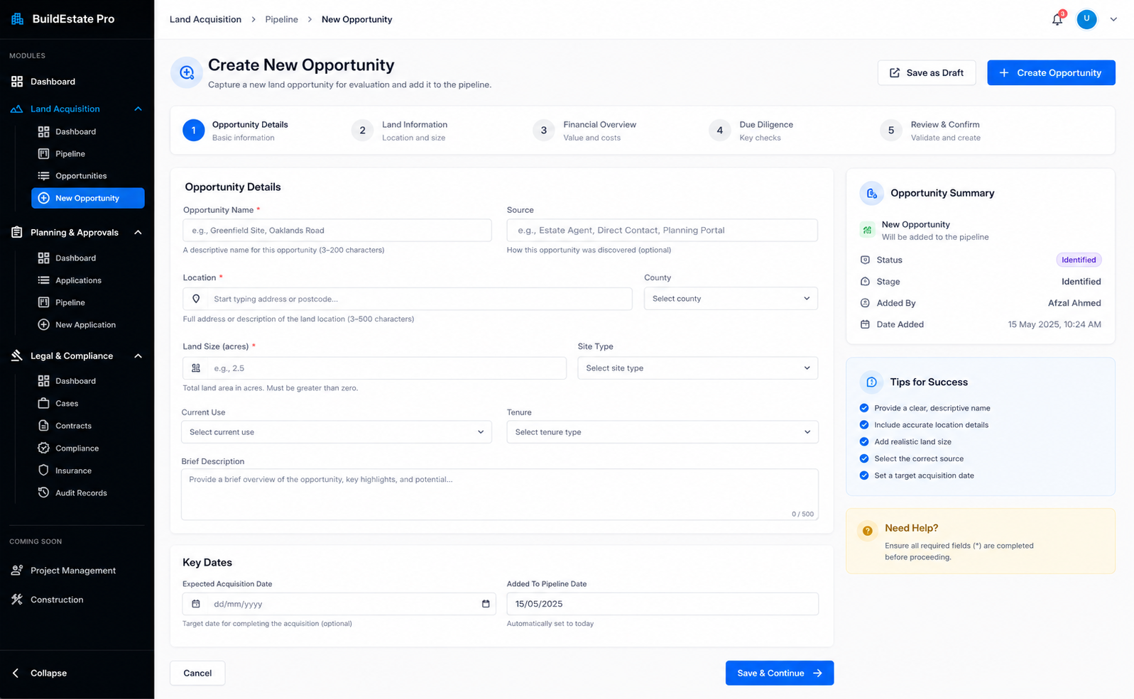 BuildEstate Pro — 5-step opportunity creation wizard with validation, site details, financial assessment, and document upload