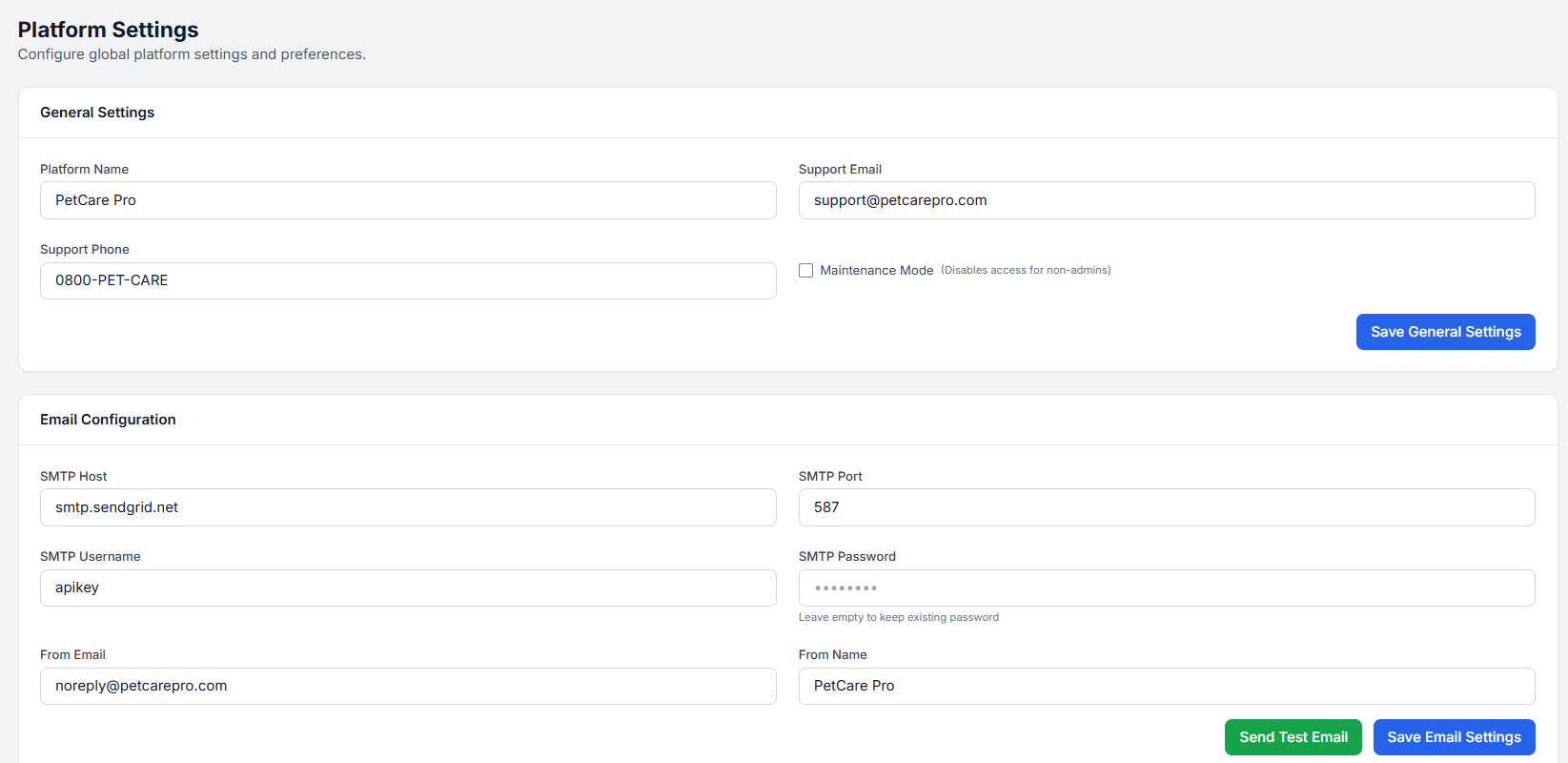 PetCare Pro — Application settings for platform configuration