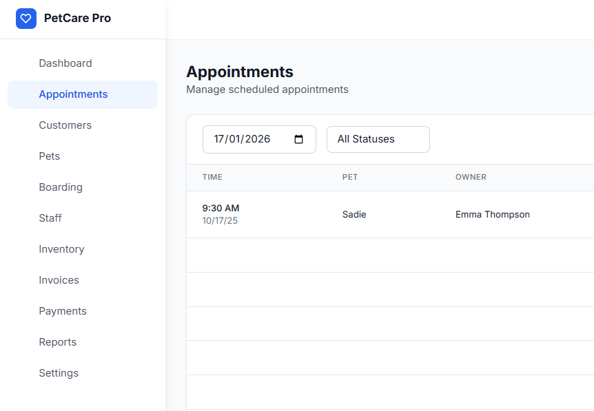 PetCare Pro — Appointment management with scheduling, status workflow, and conflict detection