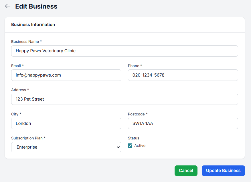 PetCare Pro — Edit business form with branding, contact details, and service configuration