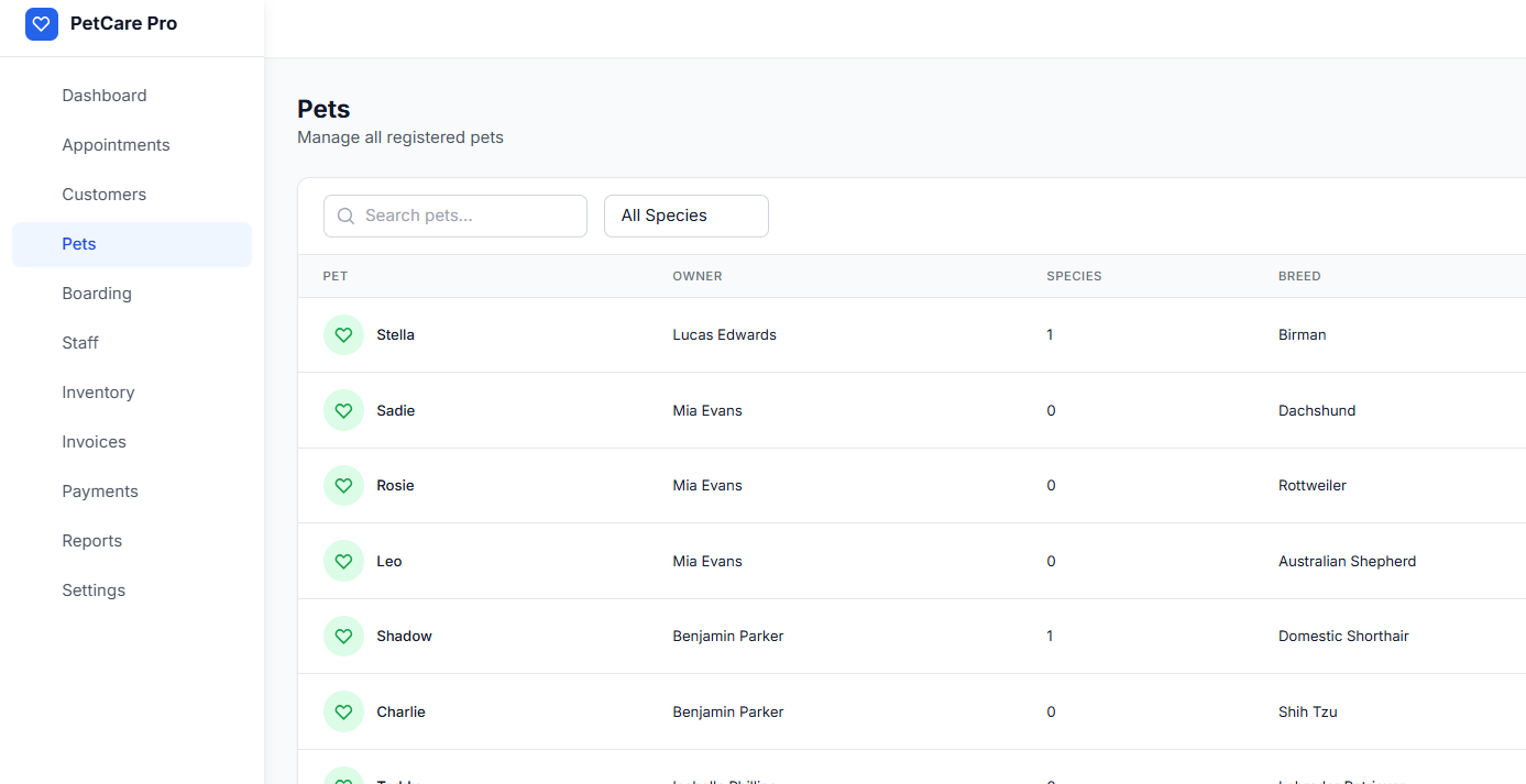PetCare Pro — Pet registry with species, breed, vaccination status, and owner details