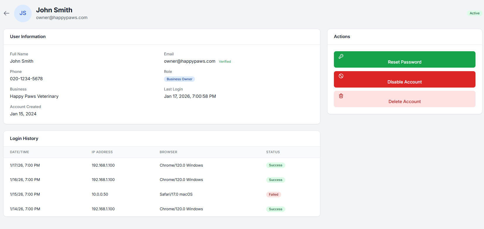 PetCare Pro — User profile management with role assignment and account status