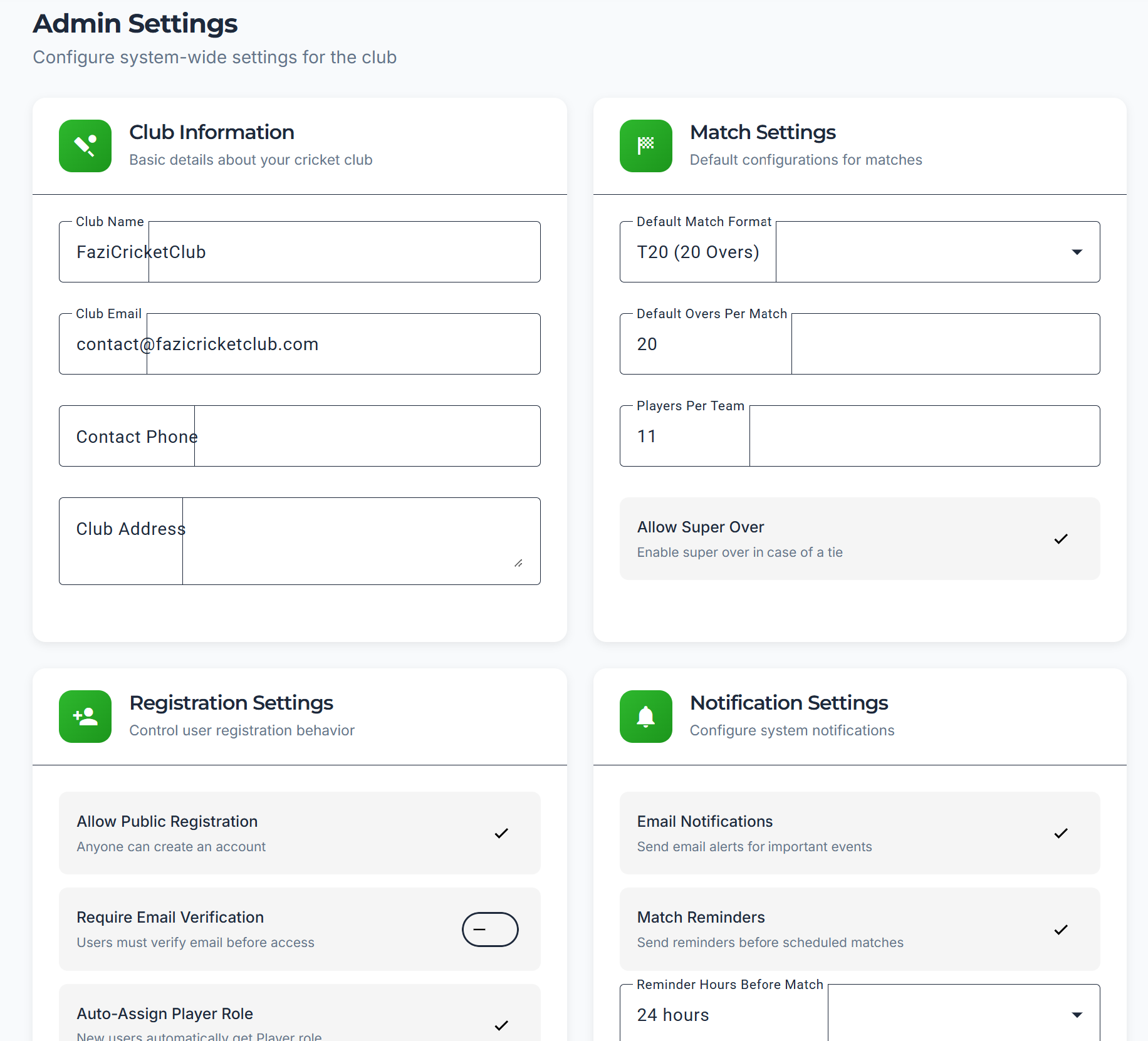 The League — Admin settings page for platform-wide configuration