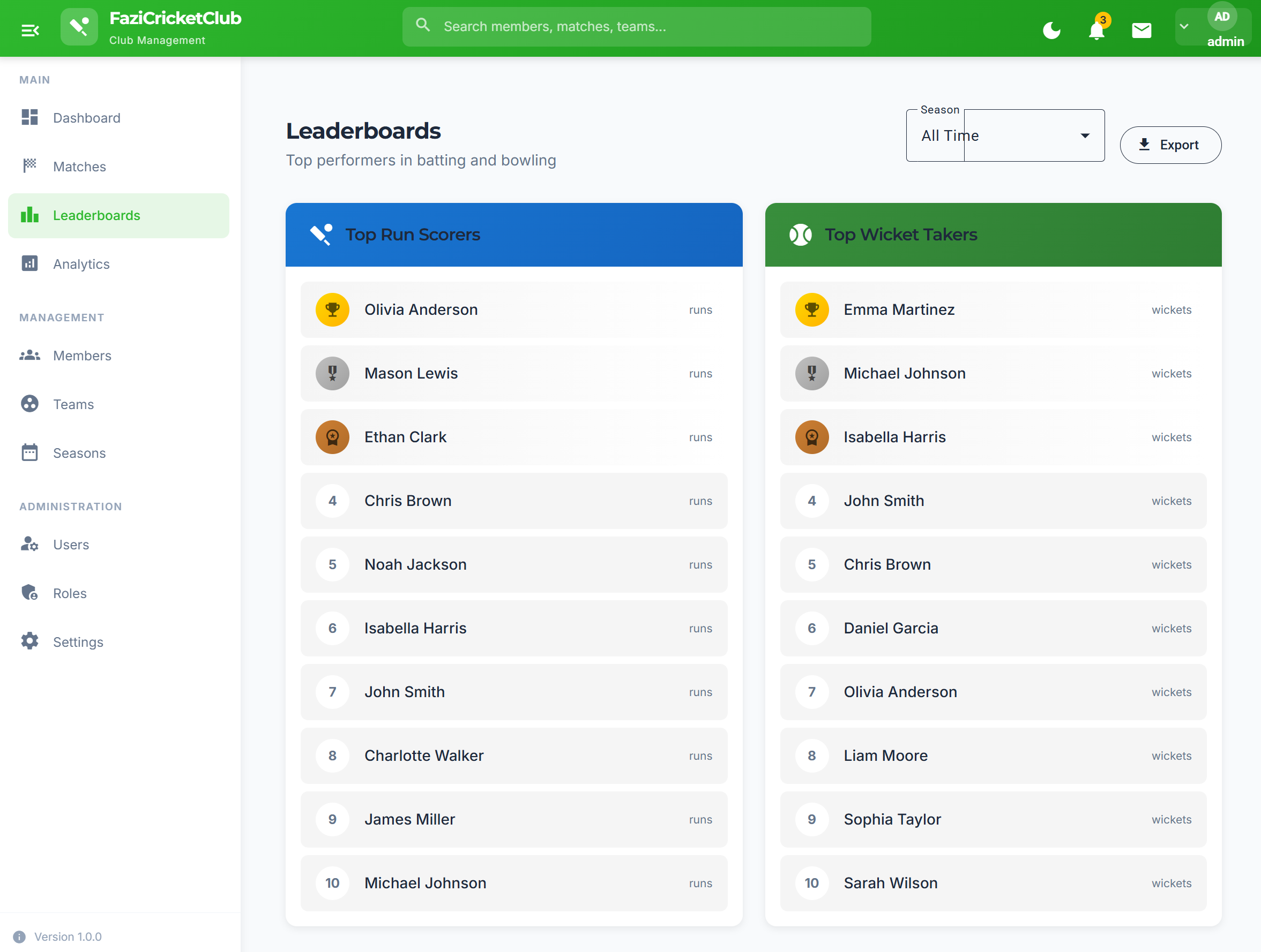 The League — League leaderboard showing standings, points, wins, draws, and losses