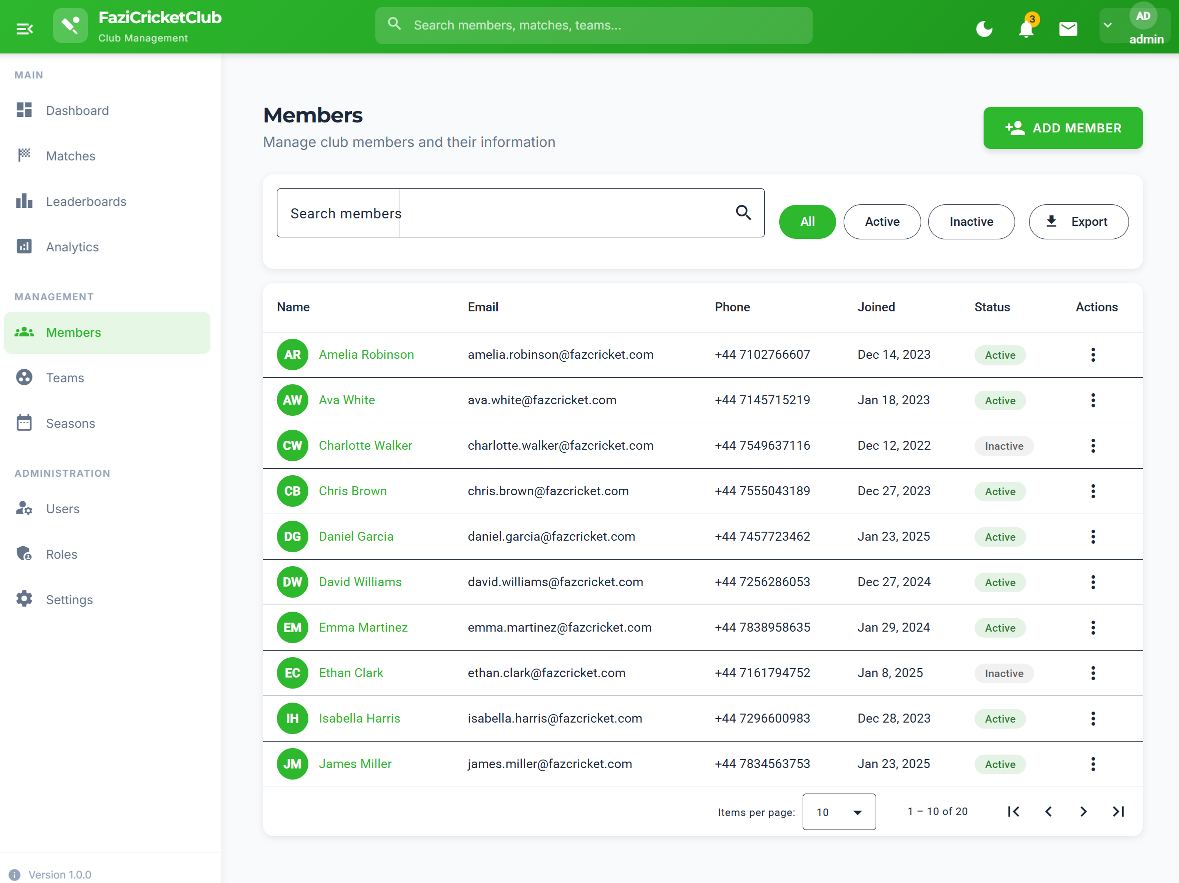 The League — Member management with profiles, membership status, and attendance tracking