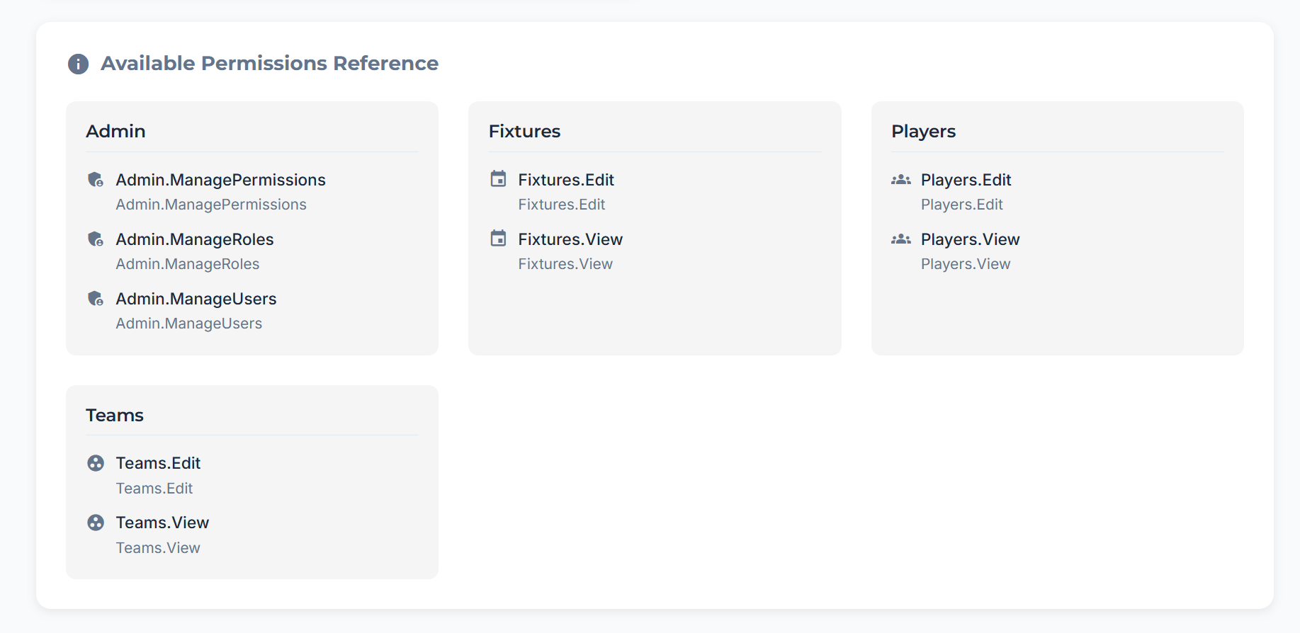 The League — Permission management showing granular module-level access control