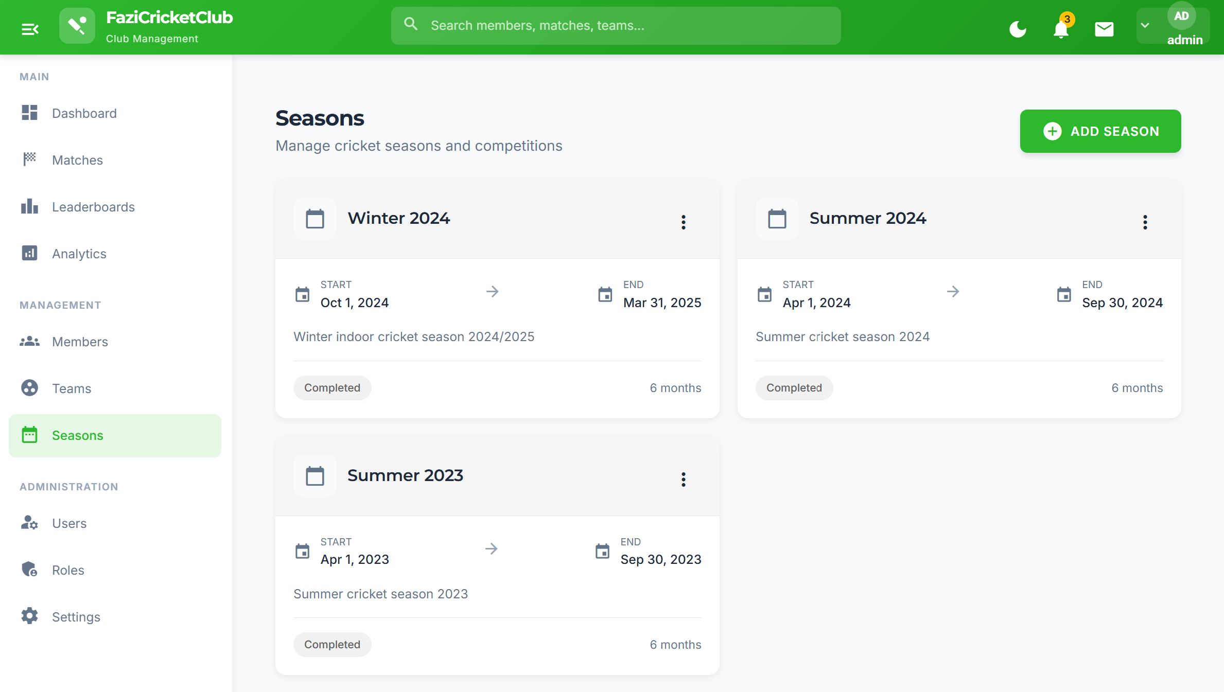 The League — Season management with competition setup, dates, and registration configuration
