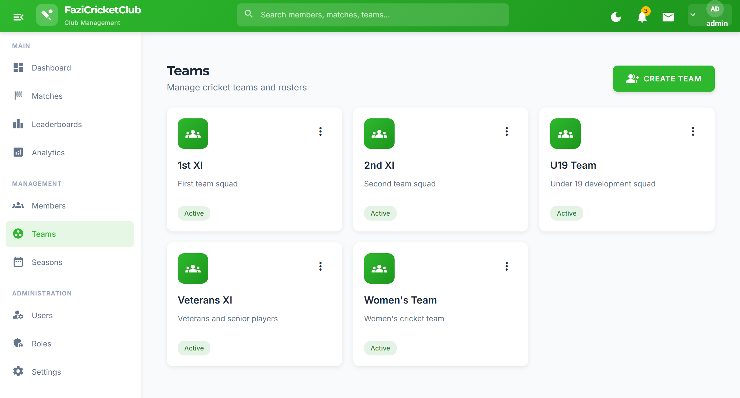The League — Team management showing rosters, captains, and player assignments