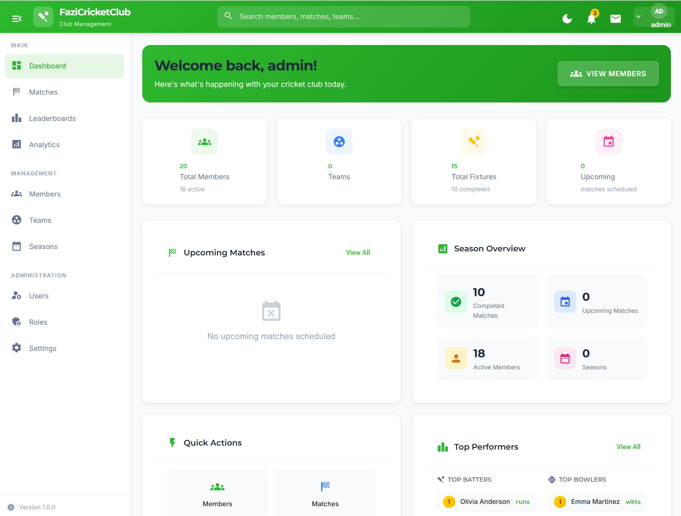 The League — User dashboard showing club overview, upcoming fixtures, recent results, and activity feed