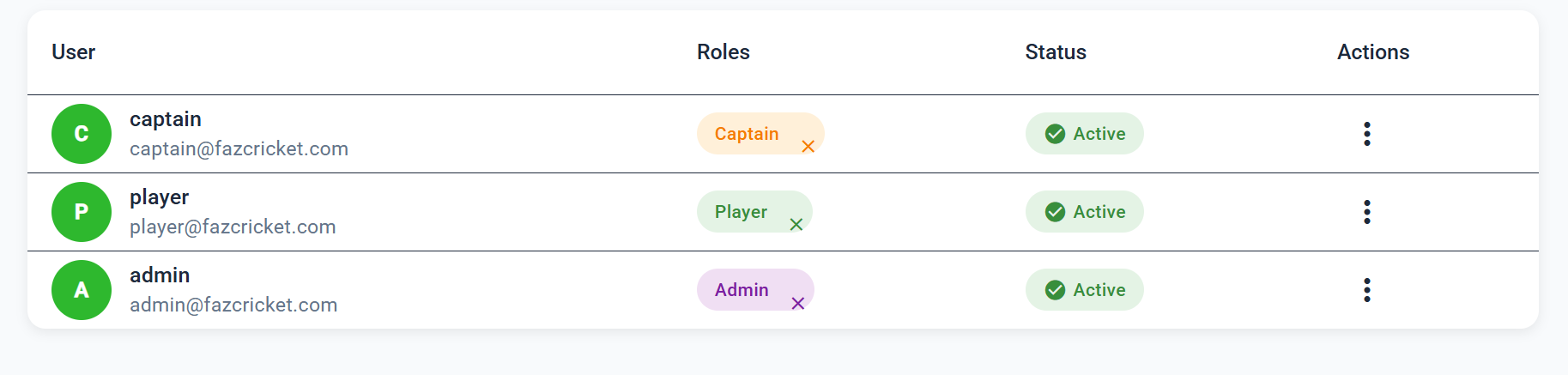 The League — User management console with search, role filter, and account status