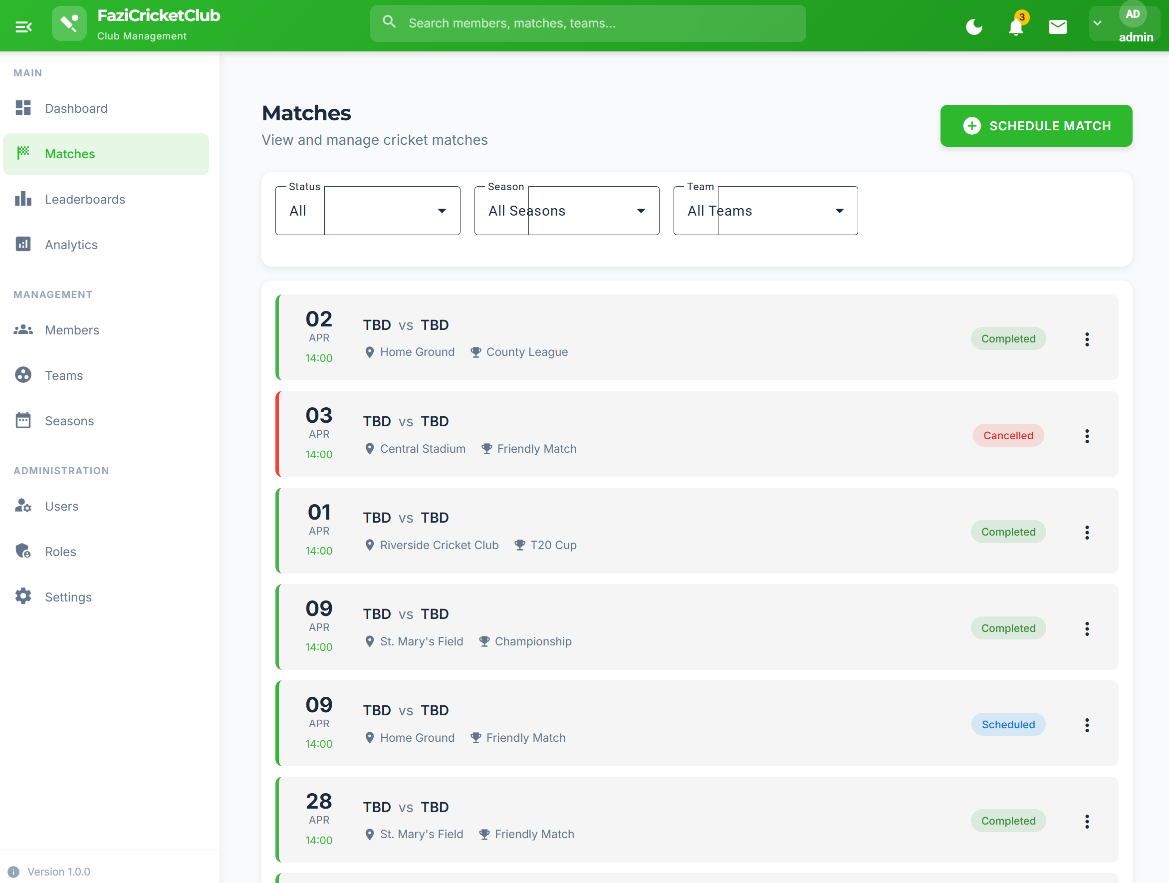 The League — Match management with fixtures, results, and scoring interface