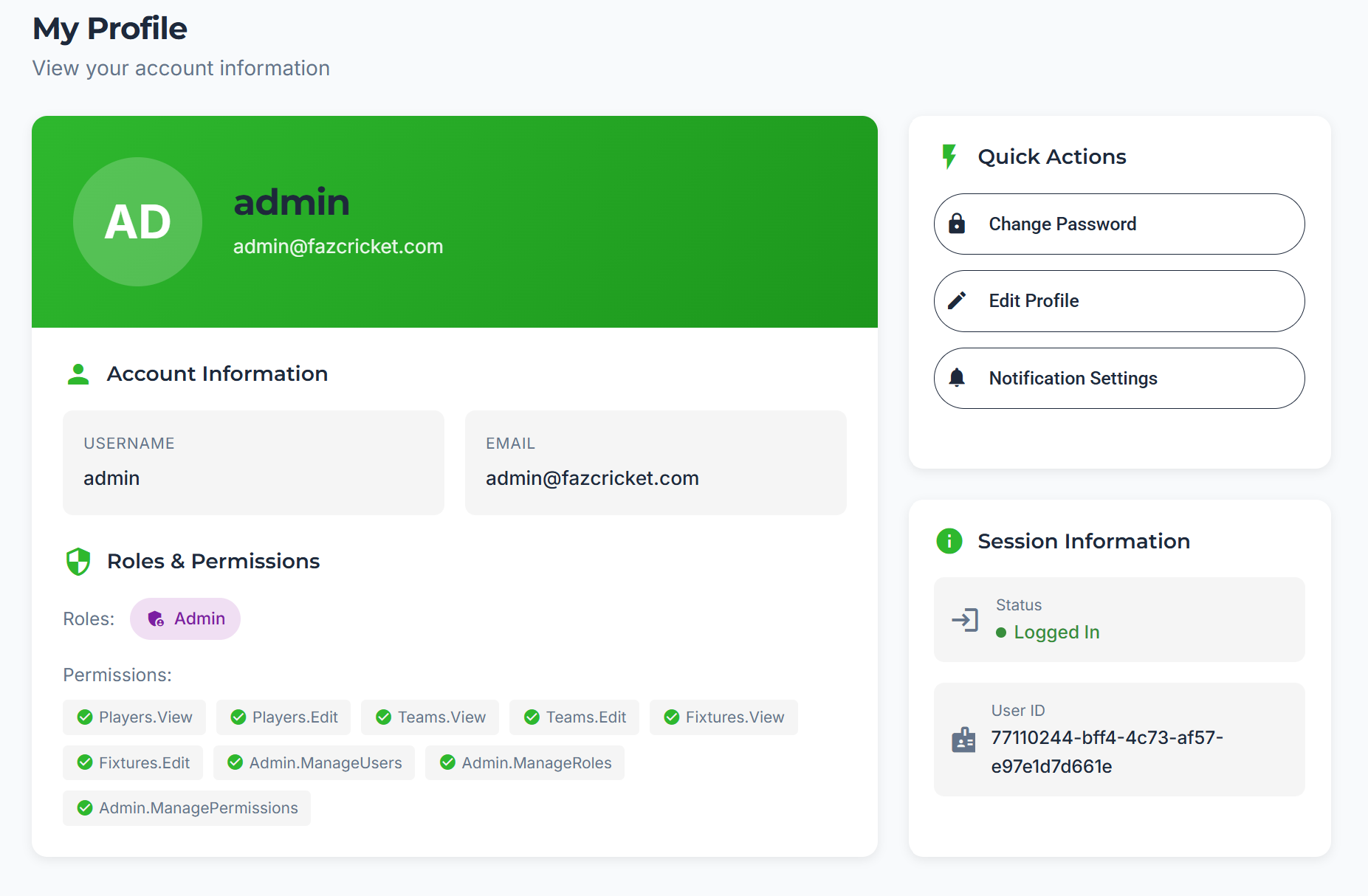 The League — Member self-service profile page with personal details, stats, and club information